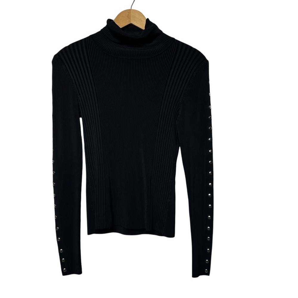 YUKA Black Ribbed Long Sleeve Silver Decal Turtleneck Top